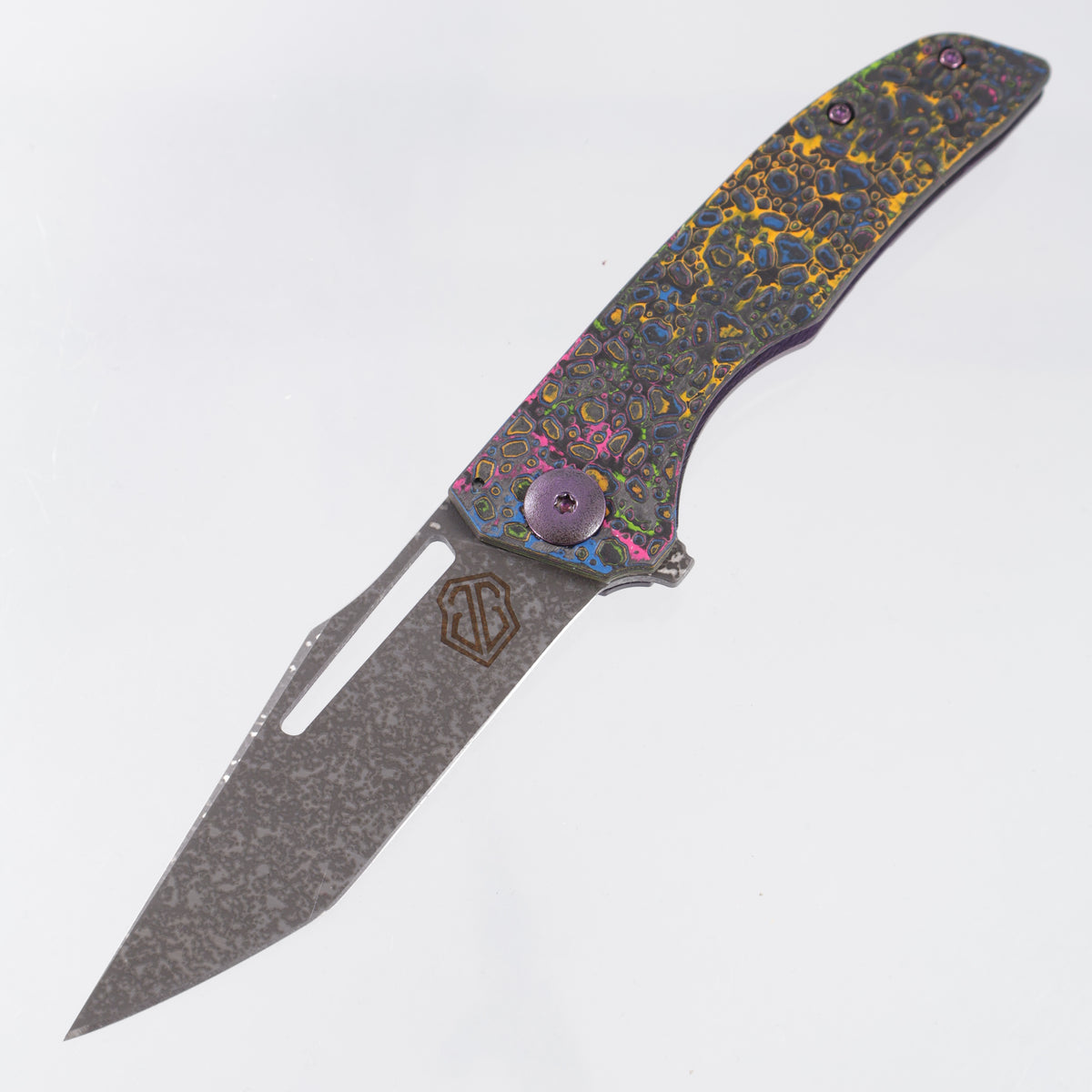 John Gray Slitter V2 Harpoon Japanese Tanto - 80s Camo Carbon Lace Texture - Purple/Blackened Barked Titanium w/ Purple Hardware - Dark Rain Magnacut - BROP Exclusive