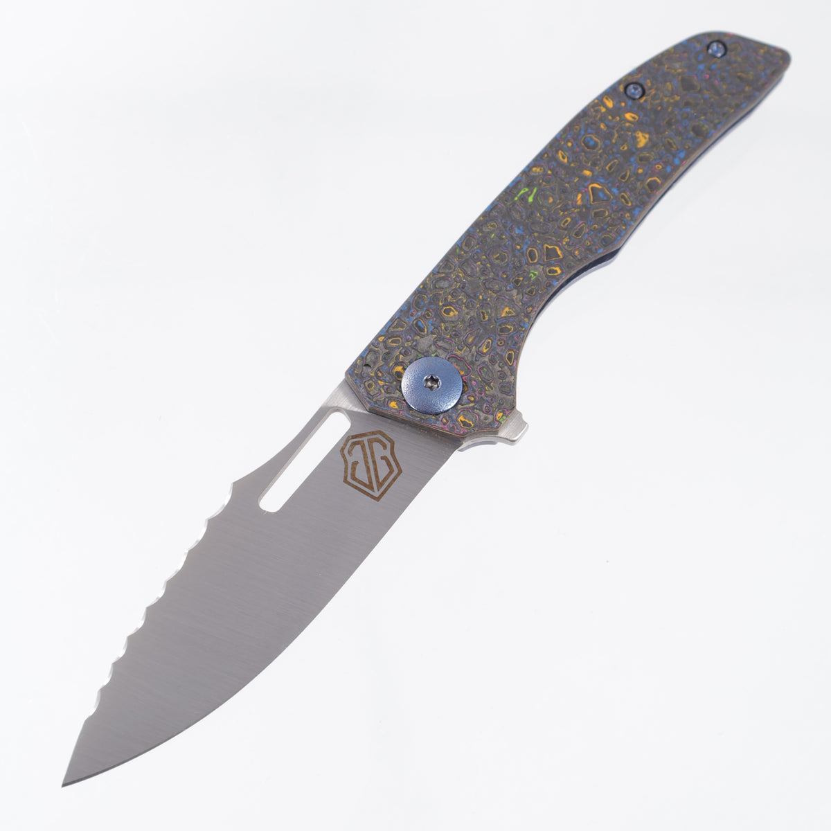 John Gray Slitter V2 Drop Point - 80s Camo Carbon Lace Texture - Blue Ano Barked Titanium w/ Blue Hardware - Satin Magnacut - BROP Exclusive
