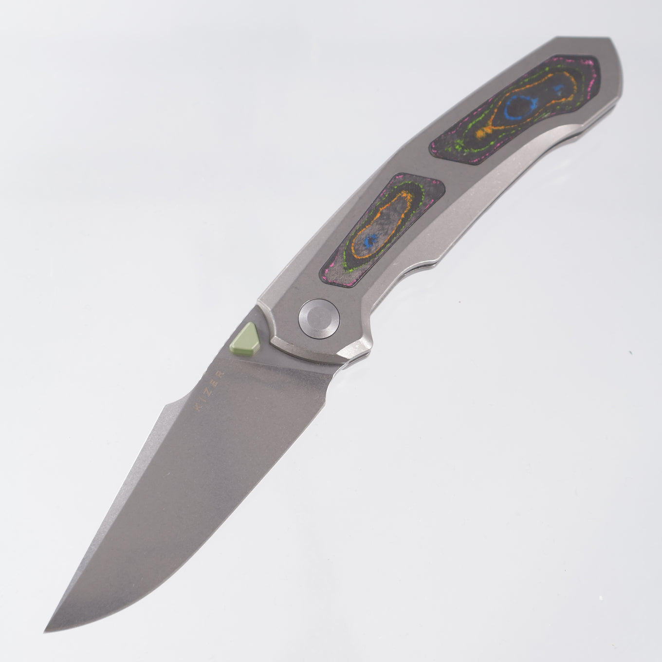 Kizer Feweed XL - Stonewash Titanium w/ 80s Camo Carbon Inlays & Green Ti Accents - Stonewash S90V - KI4694E1 - BROP Exclusive