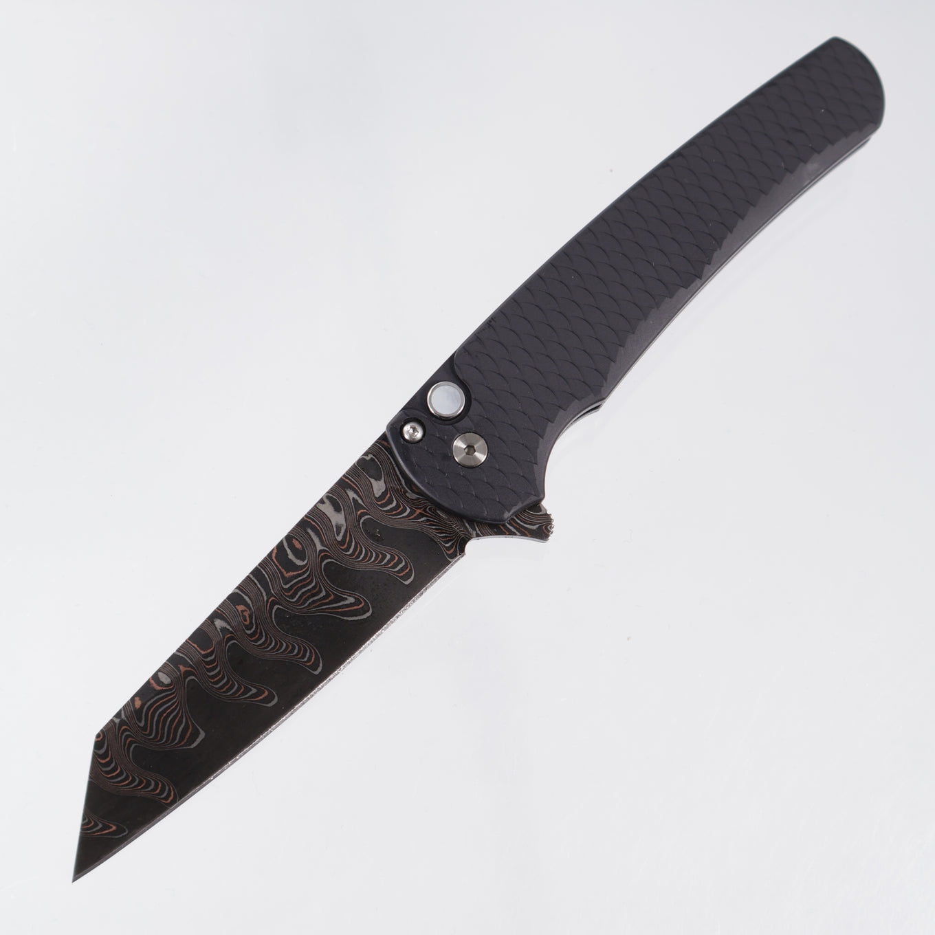 Pro-Tech Malibu Reverse Tanto Custom - Black Dragonscale Aluminum w/ Mother Of Pearl Button - Baker Forge Elite Ripple Copper-Mai Damascus - 2026 Malibu Custom.BR 001