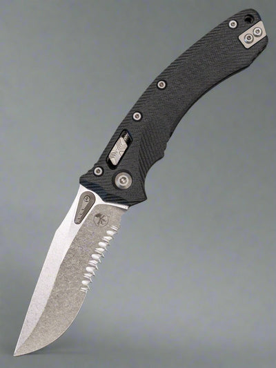Microtech Amphibian RAM LOK Black Fluted G-10 & Stonewash Partial Serrated M390MK 137RL-11FLGTBK