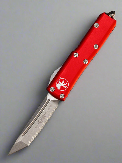 MICROTECH UTX-85 OTF AUTOMATIC KNIFE 3.1" TANTO SERRATED STONEWASH Red 233-12 RD