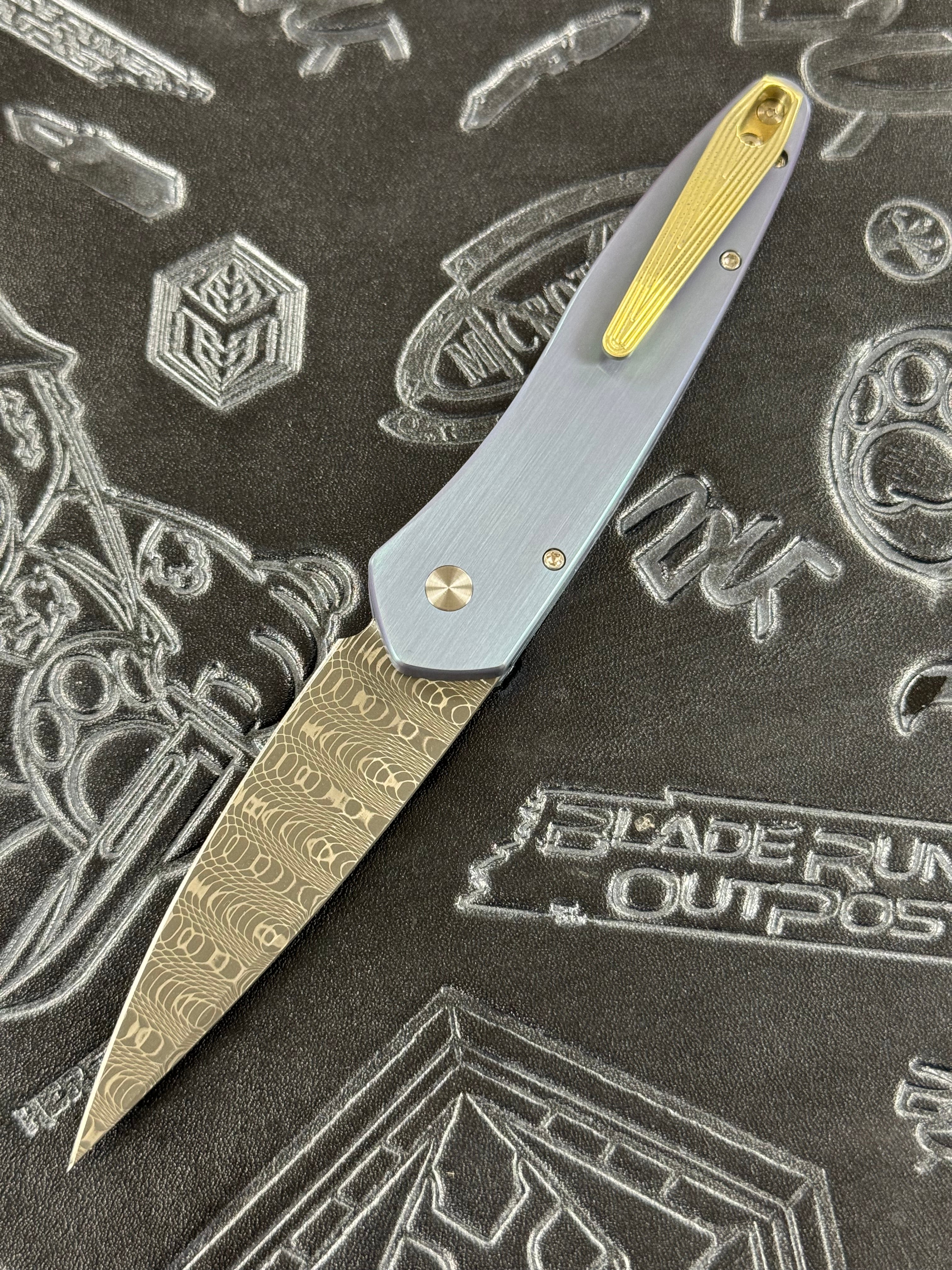 Pro-Tech Knives Newport Automatic Knife 2024 Unique Titanium Custom  with River Inlay, Titanium Frame, Milled Titanium Clip, MOP Button Damascus 3" Blade