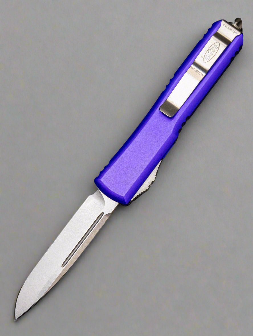 MICROTECH ULTRATECH OTF KNIFE- SINGLE EDGE- PURPLE HANDLE- STONEWASH PLAIN EDGE 121-10 PU