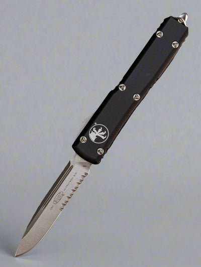 Microtech 121-11 Ultratech AUTO OTF Knife 3.46" Stonewashed Drop Point Combo Blade, Black Aluminum Handles