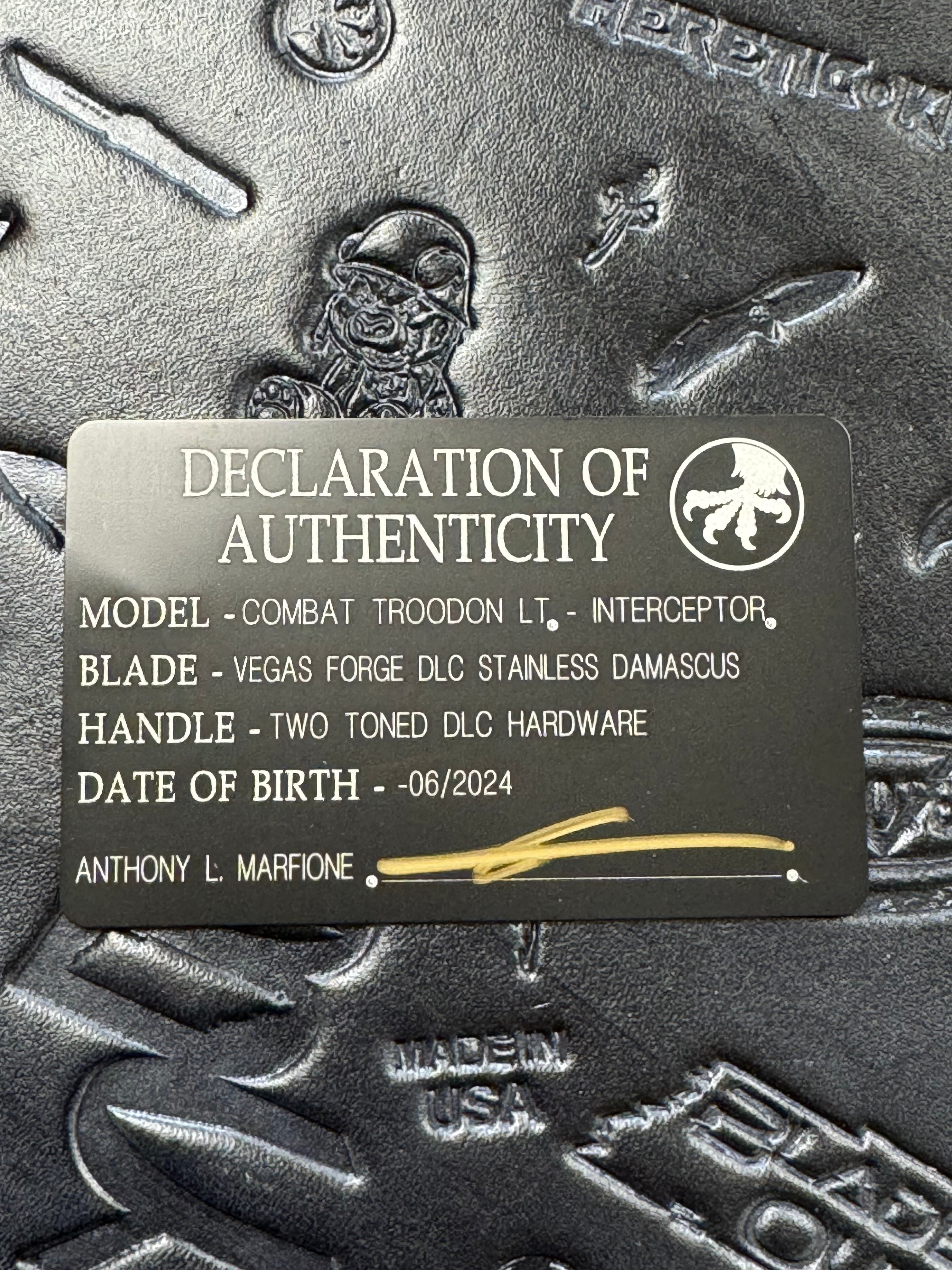 Microtech Knives Combat Troodon Gen III LT Interceptor Vegas Forge DLC Damascus & Black Hefted Handle w/ Two Tone DLC Hardware Signature Series 1217-16 MS4