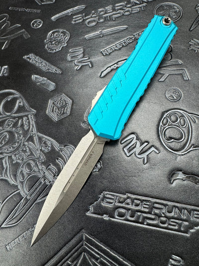 Microtech Cypher II D/E Stonewash w/ Turquoise Handle 1242-10 TQ