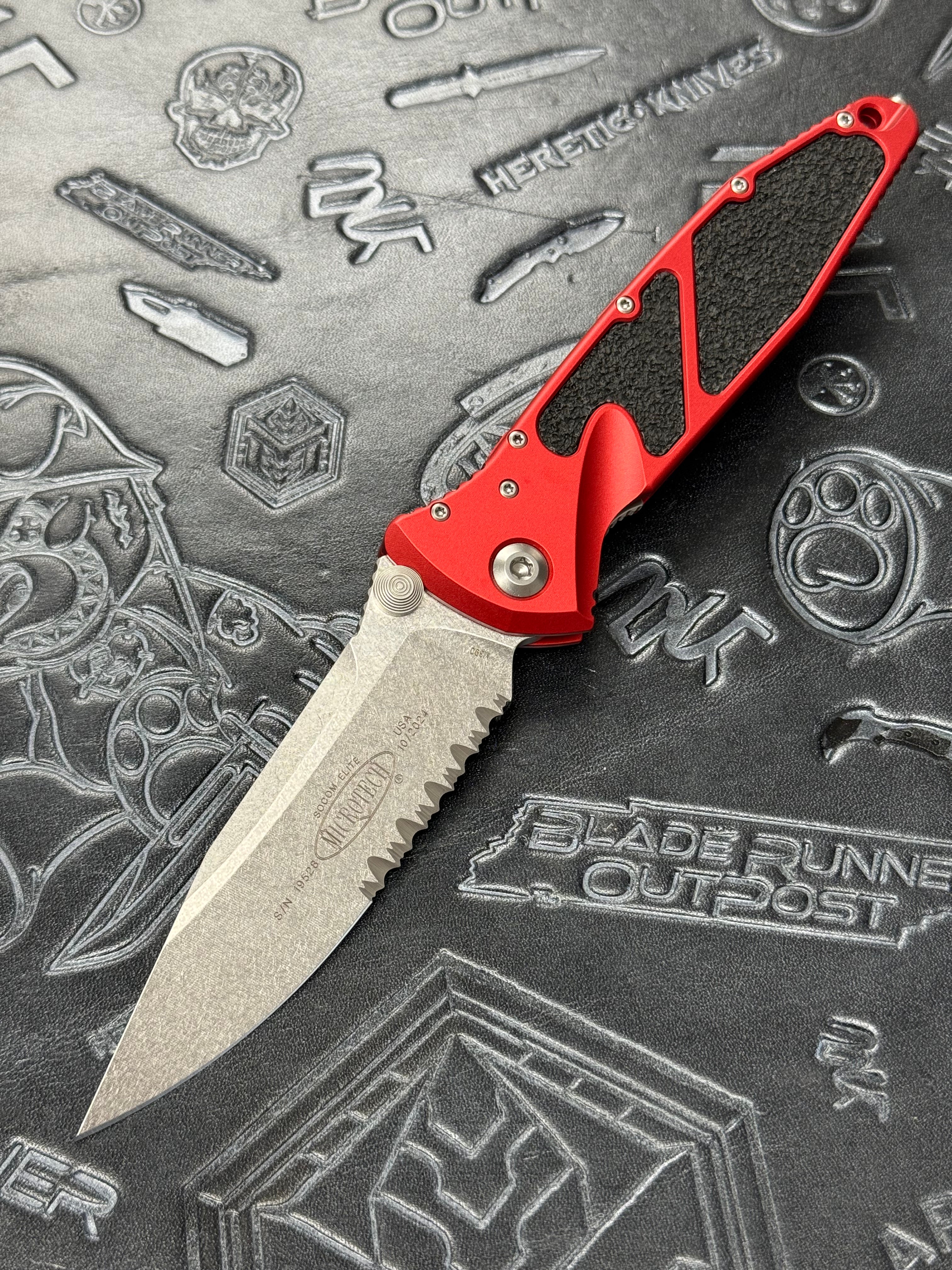 Microtech Socom Elite Manual S/E Partial Serrated Stonewash w/ Red Handle 160-11 RD