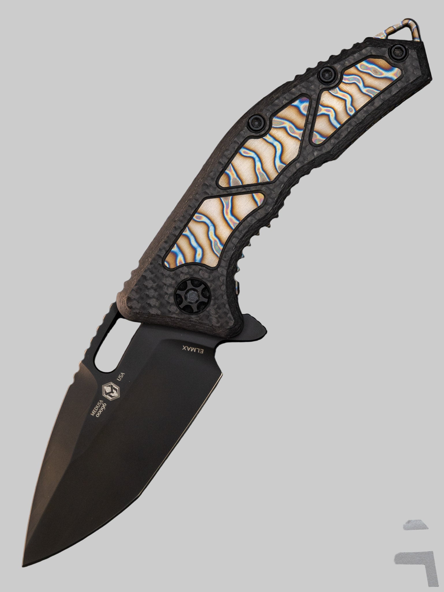 Pre Owned Heretic Knives Medusa Manual Carbon Fiber Handle Flamed Titanium Inlays H009-6A-CF/Fti