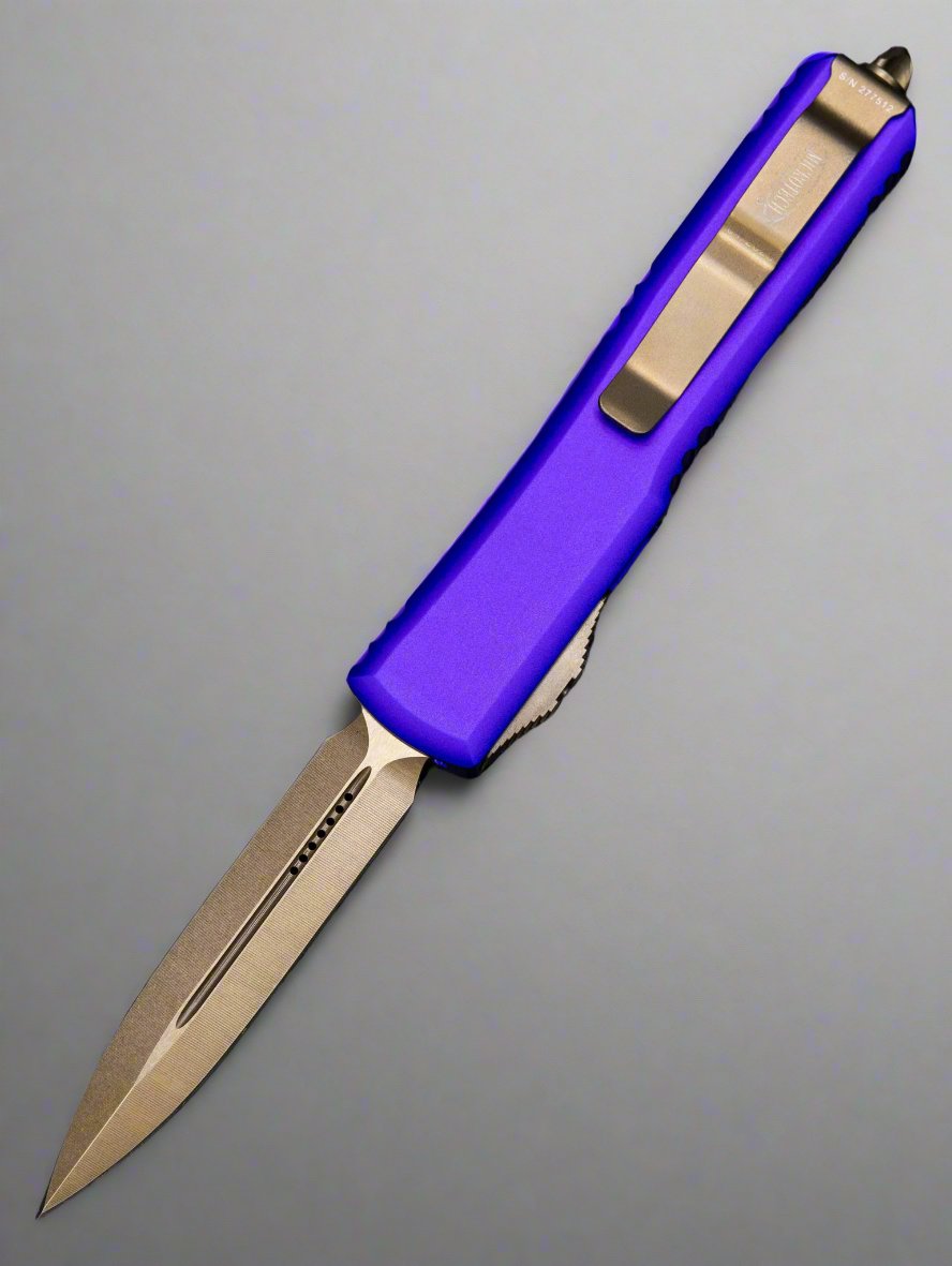 Microtech 122-13PU Ultratech AUTO OTF Knife 3.46" Bronze Double Edge Dagger Blade, Purple Aluminum Handles