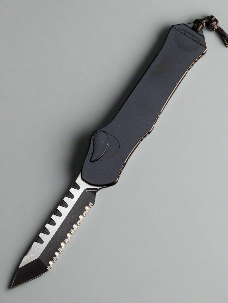 Heretic Hydra V3 Tactical Black Aluminum Handle & 2 Tone DLC Tanto MagnaCut Full Serrated H006-11C-T