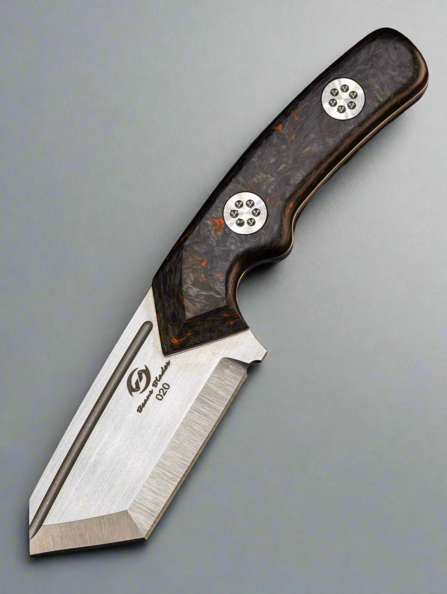 Beans Blades Fixed Mini Warrior Tanto M390 Orange/ Black Dark Matter Camo Carbon