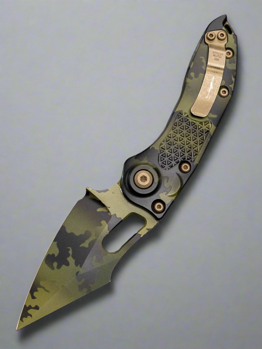 MICROTECH STITCH OTS KNIFE- OLIVE CAMO FINISHED HANDLE- OLIVE CAMO PLAIN EDGE BLADE 169-1 OCS