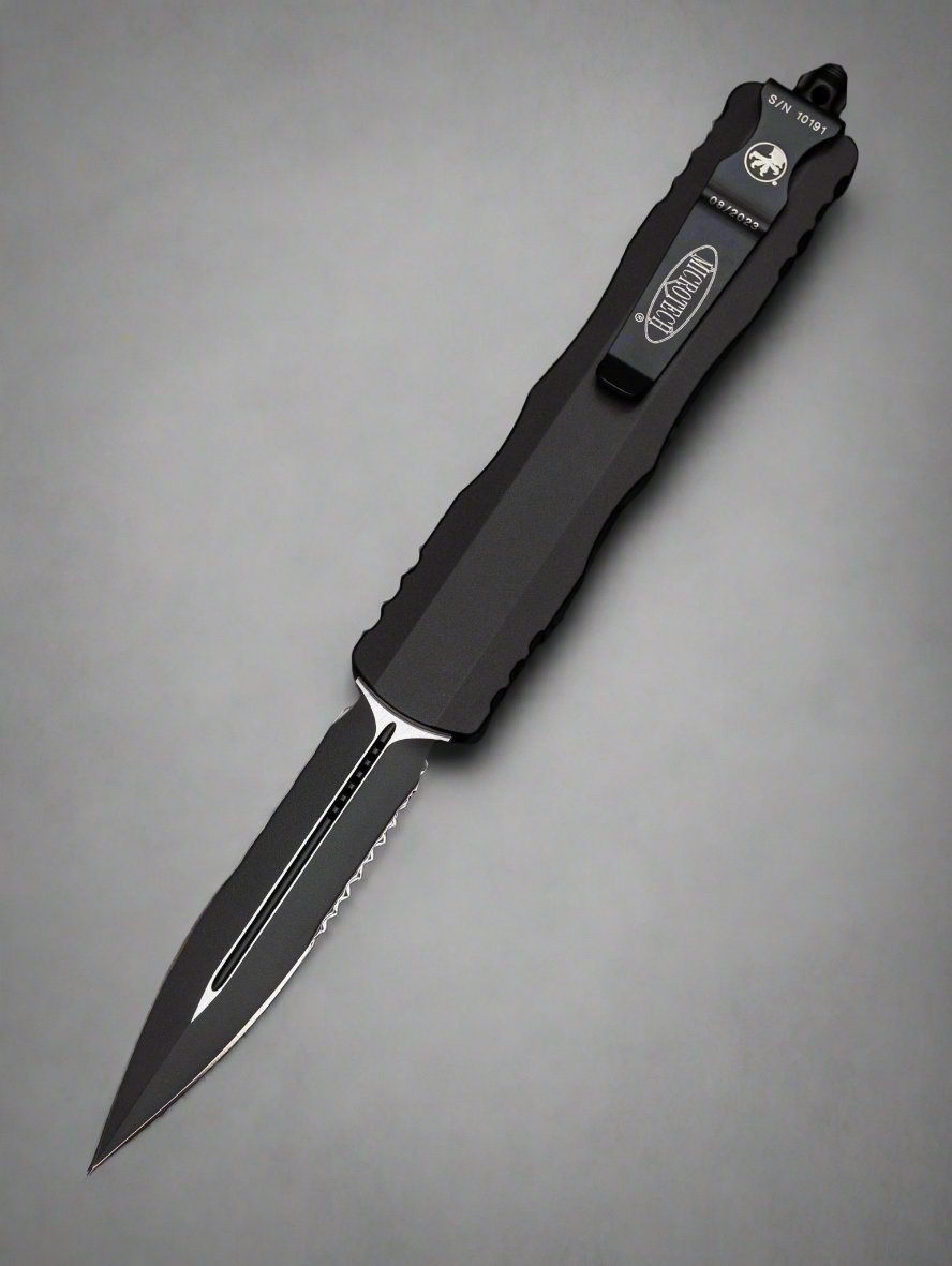 Microtech 227-2T Dirac Delta Tactical AUTO OTF Knife 3.79" Black Double Combo Edge Dagger Blade, Black Aluminum Handles