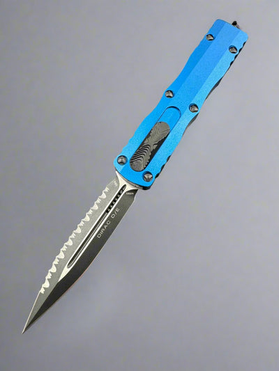 MICROTECH DIRAC OTF KNIFE- DOUBLE EDGE- BLUE HANDLE- BLACK FULL SERRATED BLADE AND HW 225-3 BL