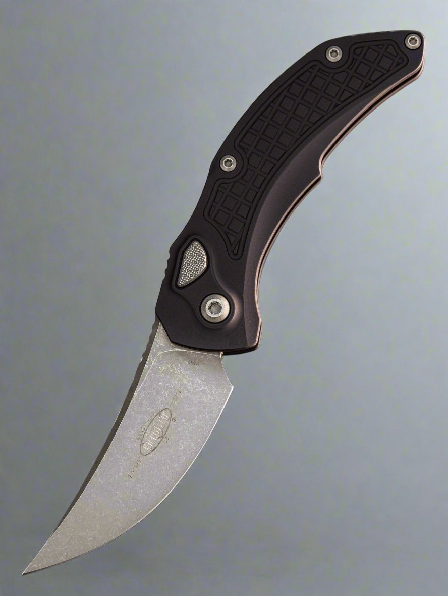 Microtech/Bastinelli Creations 268A-10AP Brachial AUTO Folding Knife 3.5" Apocalyptic Trailing Point Blade, Milled Black Aluminum Handles *