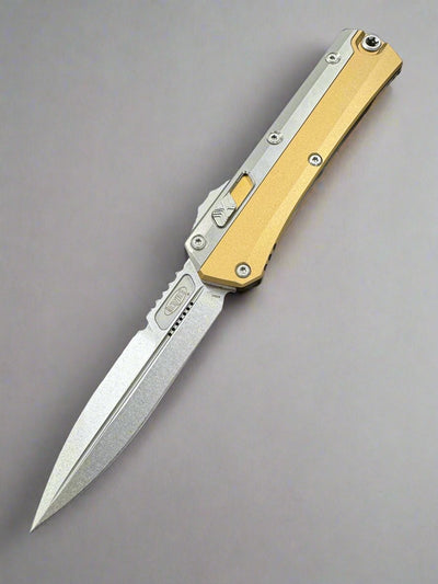 MICROTECH "GLYKON" TAN OTF AUTOMATIC KNIFE ALUMINUM/TITANIUM 3.75" BAYONET STONEWASH 184-10 TA