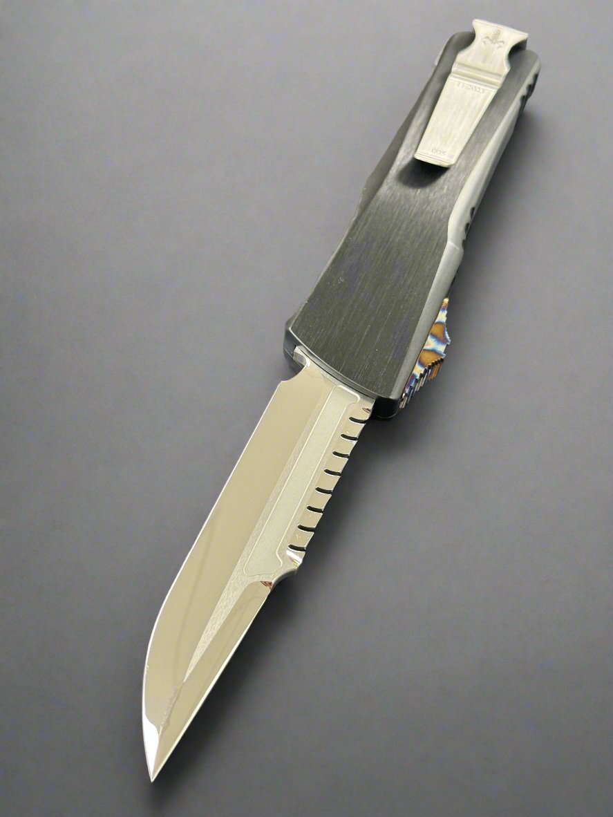 Marfione Custom Knives Combat Troodon Interceptor Mirror Polish w/ Hefted Black Handle & Flamed Hardware SN:05