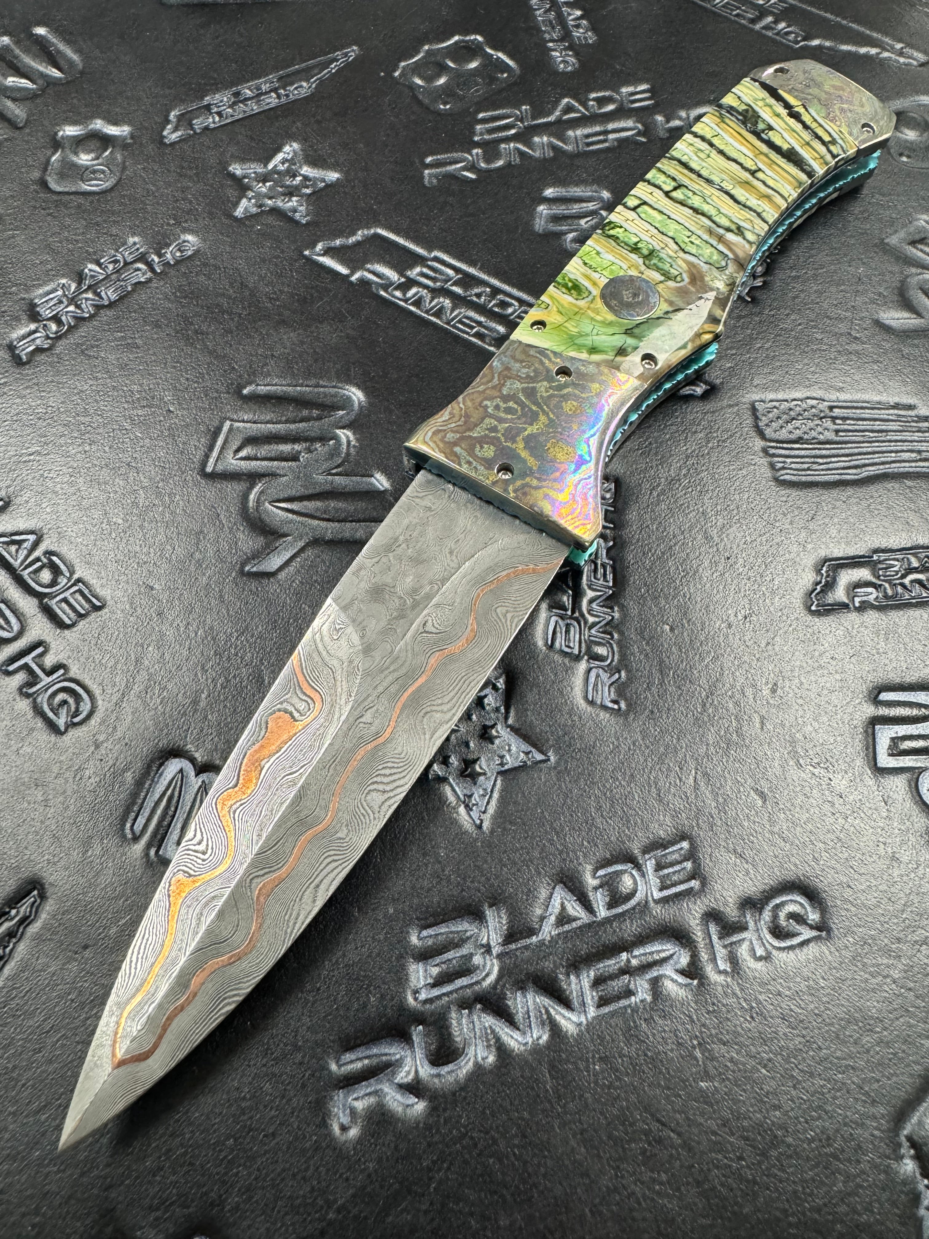 Valloton, Rainy - SV AK-25 2x Damascus / Copper Core Moku-Ti Bolsters Green & Black Molar Handles Custom Double Action D/A Folder