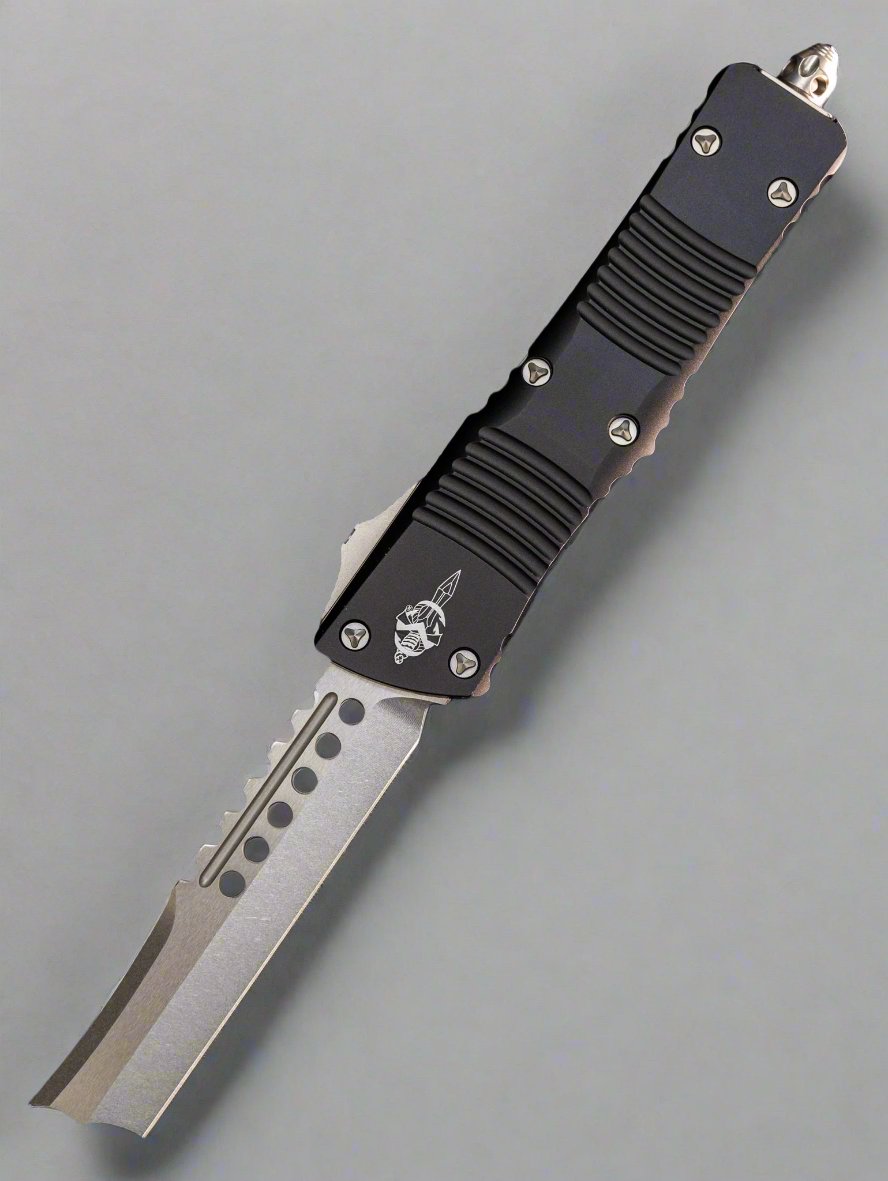 Microtech Combat Troodon 219R-10S Straight Razor Stonewash Blade, Black Handle Signature Series