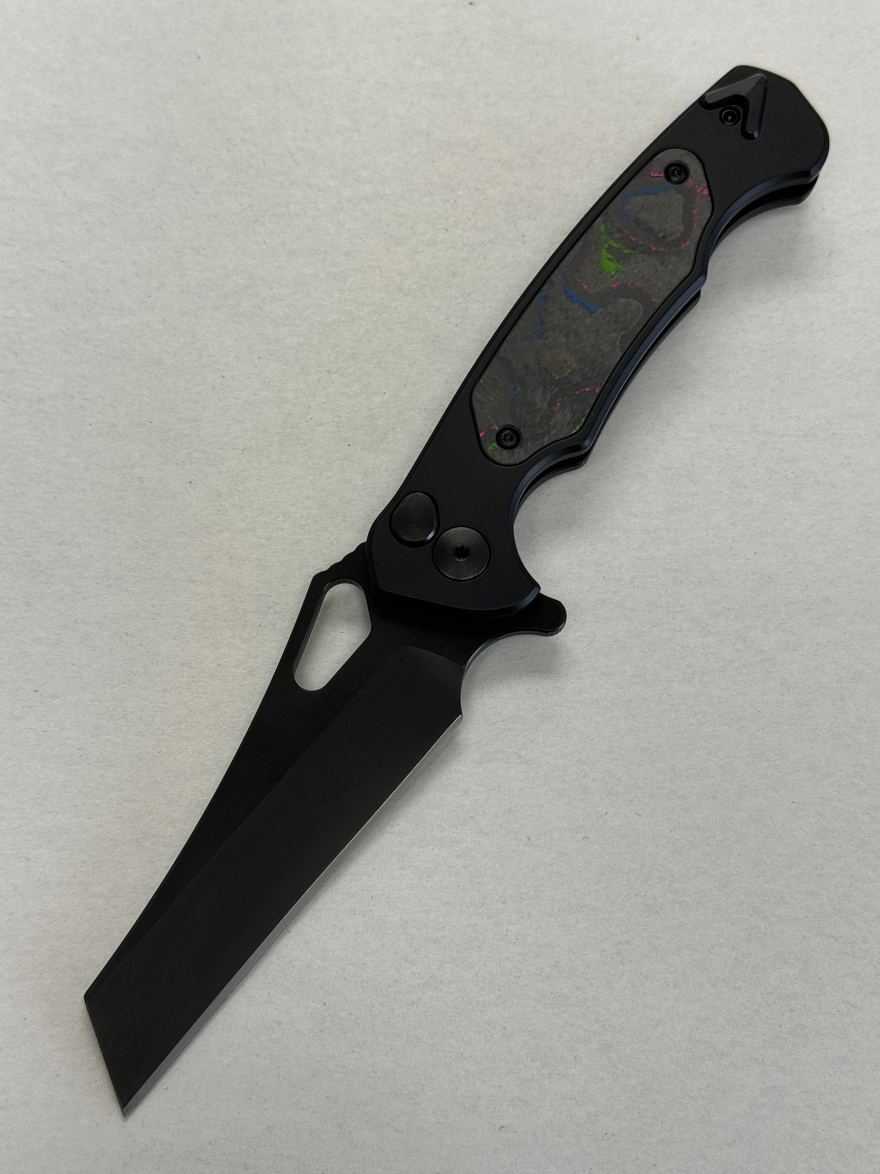 Dead Reckon Knives Ridgeback - 80s Camo Carbon in Series 2 Black Aluminum - WharnCleaver 3V SbNi - Button Lock - RB-2332-37 BR OP Exclusive