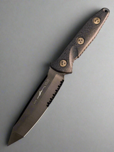 Microtech 114-2DLCCFS Signature Series Socom Alpha Fixed Blade Knife 5.45" Black DLC Tanto Combo Blade, Carbon Fiber Handles, Kydex Sheath