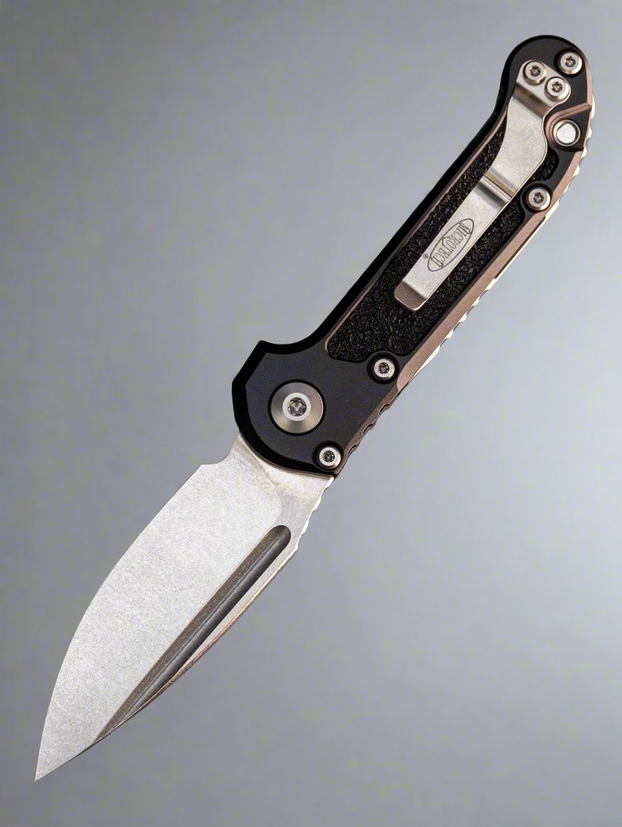 Microtech 1135-10 2023 LUDT Gen III AUTO Folding Knife 3.45" M390MK Stonewashed Drop Point Plain Blade, Black Aluminum Handles with 3M Traction Tape Inserts