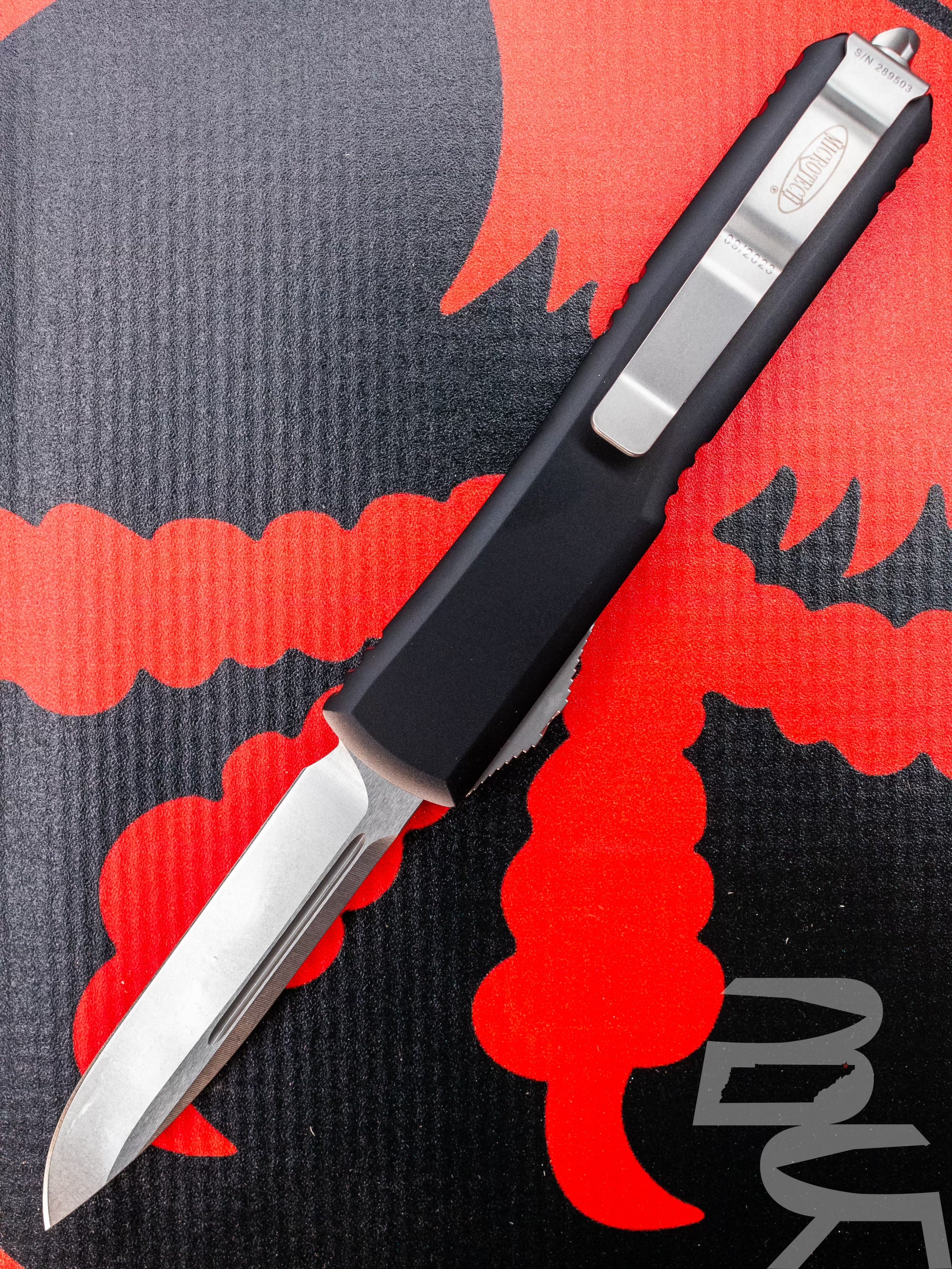 Microtech 121-10 Ultratech AUTO OTF Knife 3.46" Stonewashed Plain Blade, Black Aluminum Handles