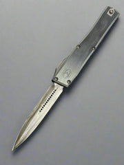 HERETIC KNIVES CUSTOM NYX HEFTED ALUMINUM OTF AUTOMATIC KNIFE 3.7" DAGGER BROKEN ANVIL DAMASCUS
