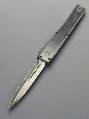 HERETIC KNIVES CUSTOM NYX HEFTED ALUMINUM OTF AUTOMATIC KNIFE 3.7" DAGGER BROKEN ANVIL DAMASCUS