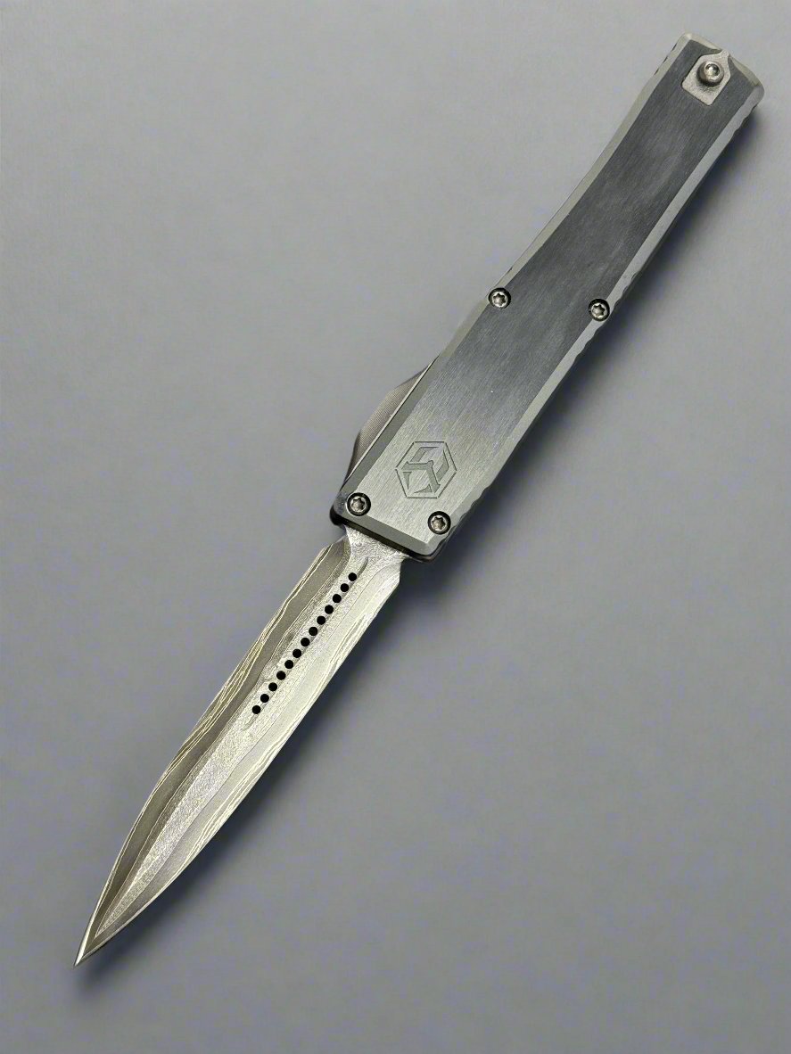 HERETIC KNIVES CUSTOM NYX HEFTED ALUMINUM OTF AUTOMATIC KNIFE 3.7" DAGGER BROKEN ANVIL DAMASCUS