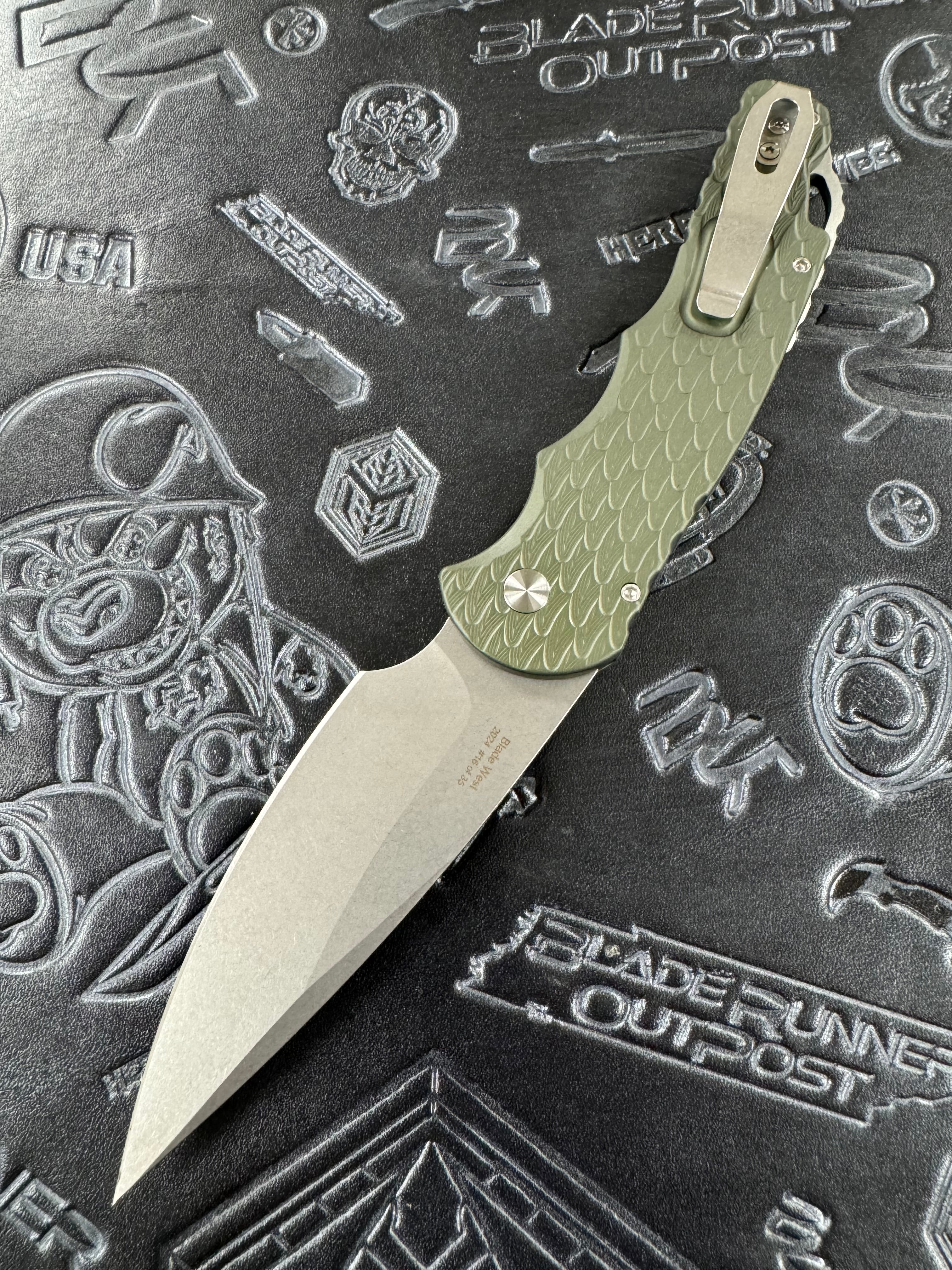Pro-Tech Knives TR-4 Tactical Response 4 Saber Grind Blade Show West 2024 Auto Folder Green handle w/Feather Texture w/ Steel Secondary Safety - Stonewash Magnacut 4" Blade and MOP Button