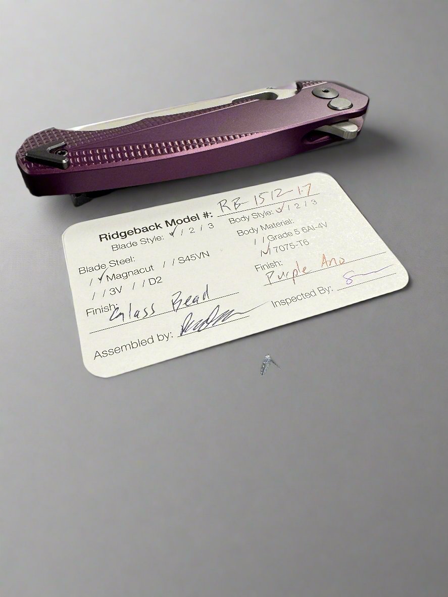 Dead Reckon Knives Ridgeback - Aluminum Purple, Modified Blade Shape, Series 2, Body 1, Magnacut, Button Lock, Glass Bead Finish