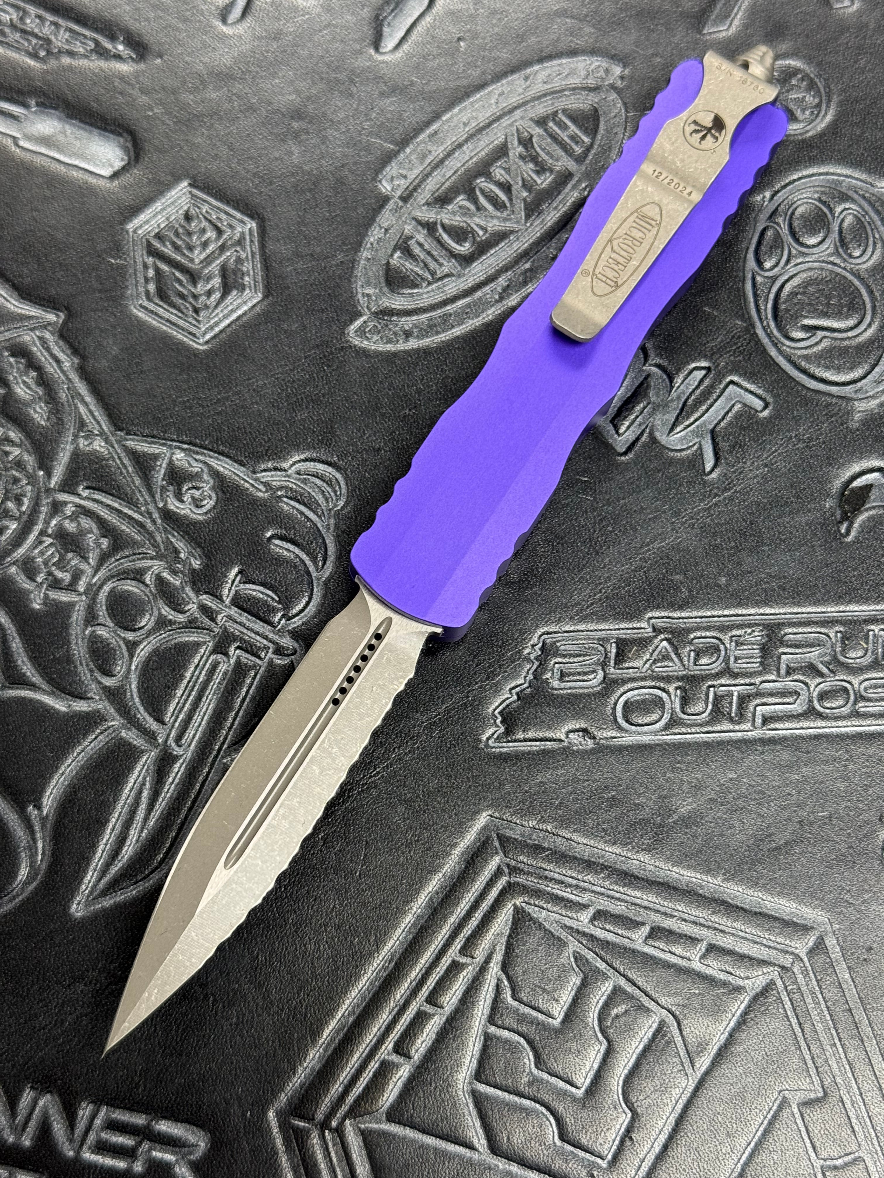 Microtech Dirac D/E Full Serrated Purple Apocalyptic 225-12 APPU