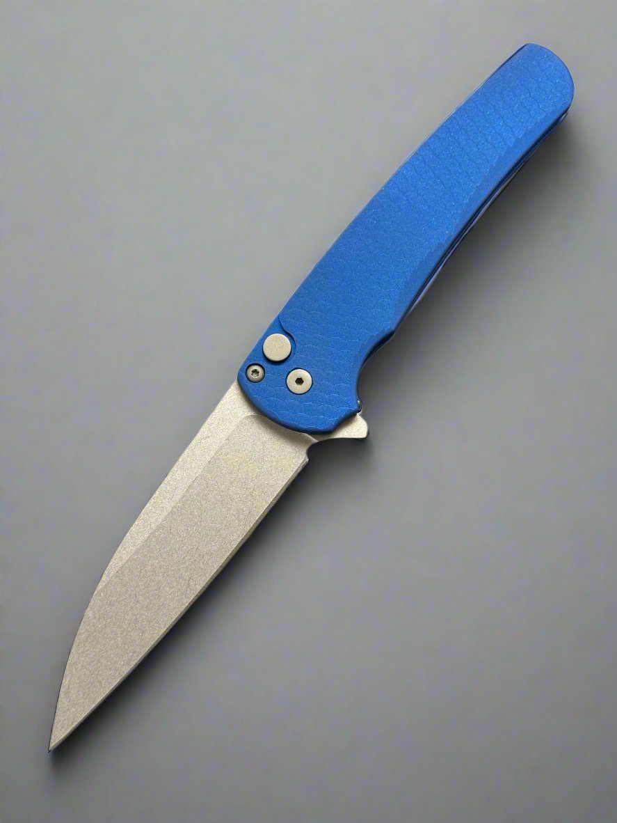 Pro-Tech 5335 Malibu Manual Flipper Knife 3.30" CPM-MagnaCut Stonewashed Wharncliffe Blade, Blue Aluminum Handles, Button Lock - 5335-BLUE