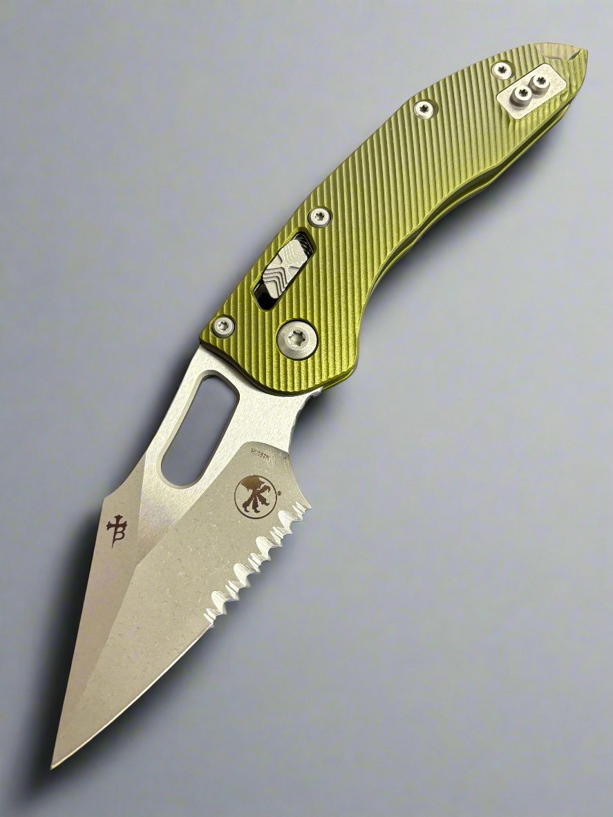 Microtech Knives Manual Stitch RAM LOK Fluted OD Green Aluminum & Partial Serrated M390MK Apocalyptic Standard 169RL-11 APFLOD