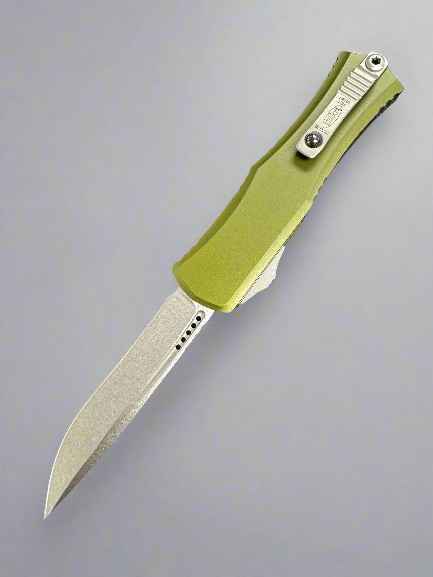 Microtech Knives Mini Hera Stonewash Recurve M390MK w/ OD Green Handle 1705M-10 OD