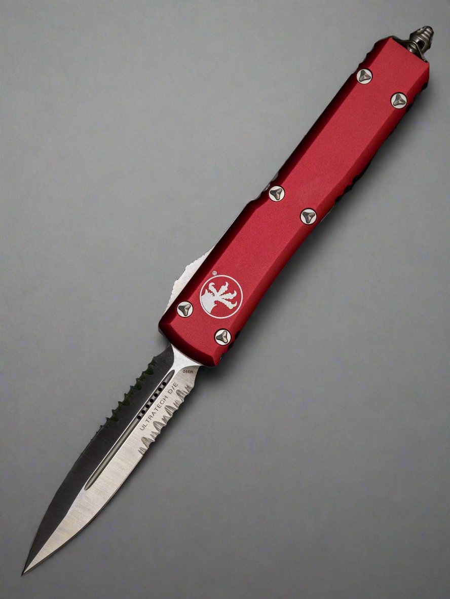 Microtech Ultratech 122-5 MR Double Edge Satin Partial Serrated Blade, Merlot Handle