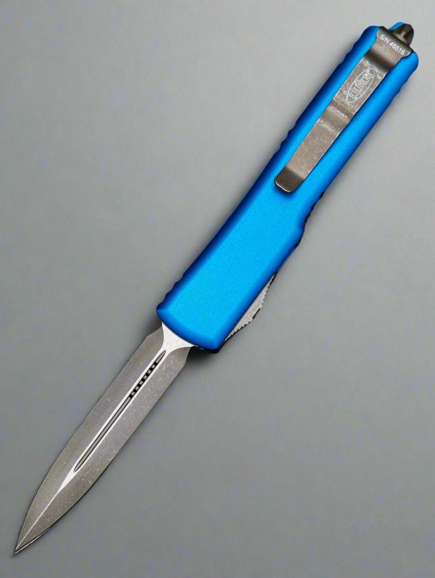 MICROTECH UTX-70 OTF KNIFE- DOUBLE EDGE- BLUE HANDLE- APOCALYPTIC BLADE 147-10 APBL MAGNACUT