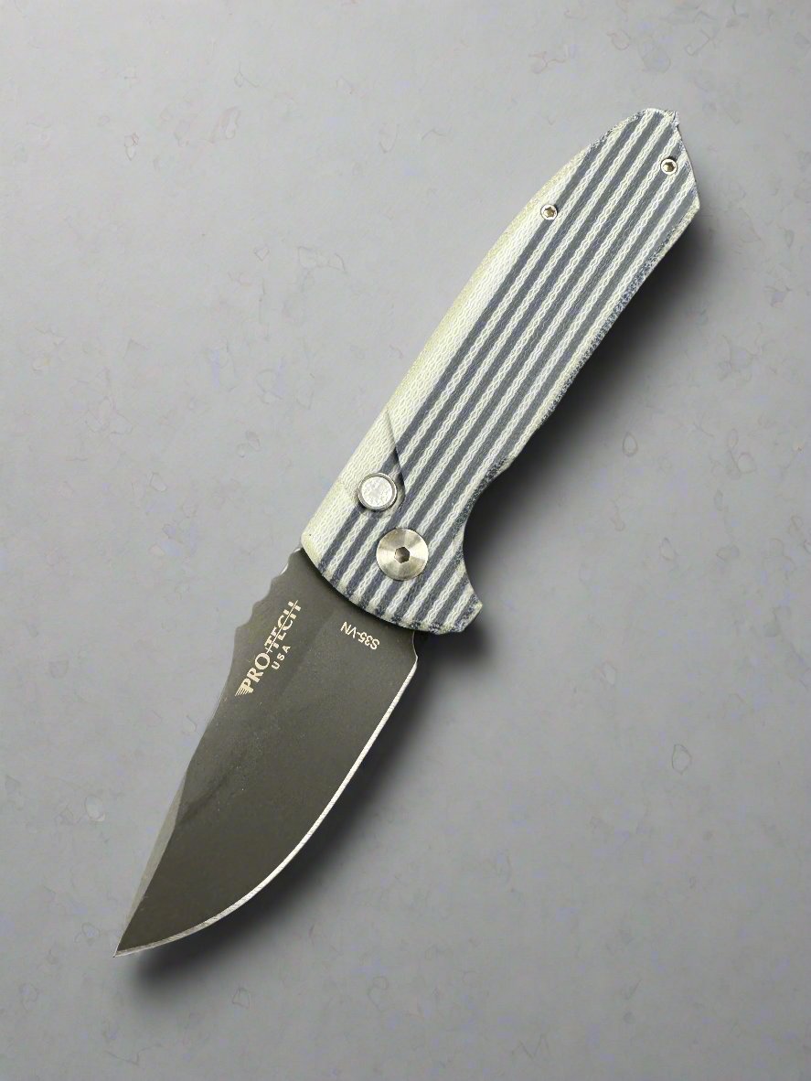 PROTECH LES GEORGE SBR UNIQUE MICARTA SHORT BLADED ROCKEYE AUTOMATIC KNIFE 2.5" Inlay Button S35vn