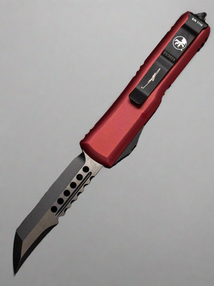 MICROTECH UTX-85 OTF KNIFE- HELLHOUND EDGE- TACTICAL- Merlot HANDLE- BLACK BLADE- BLACK HARDWARE 719-1 MRS