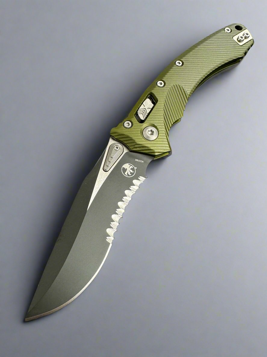 Microtech Amphibian RAM LOK OD Green Fluted Aluminum & Black Partial Serrated M390MK 137RL-2 FLOD