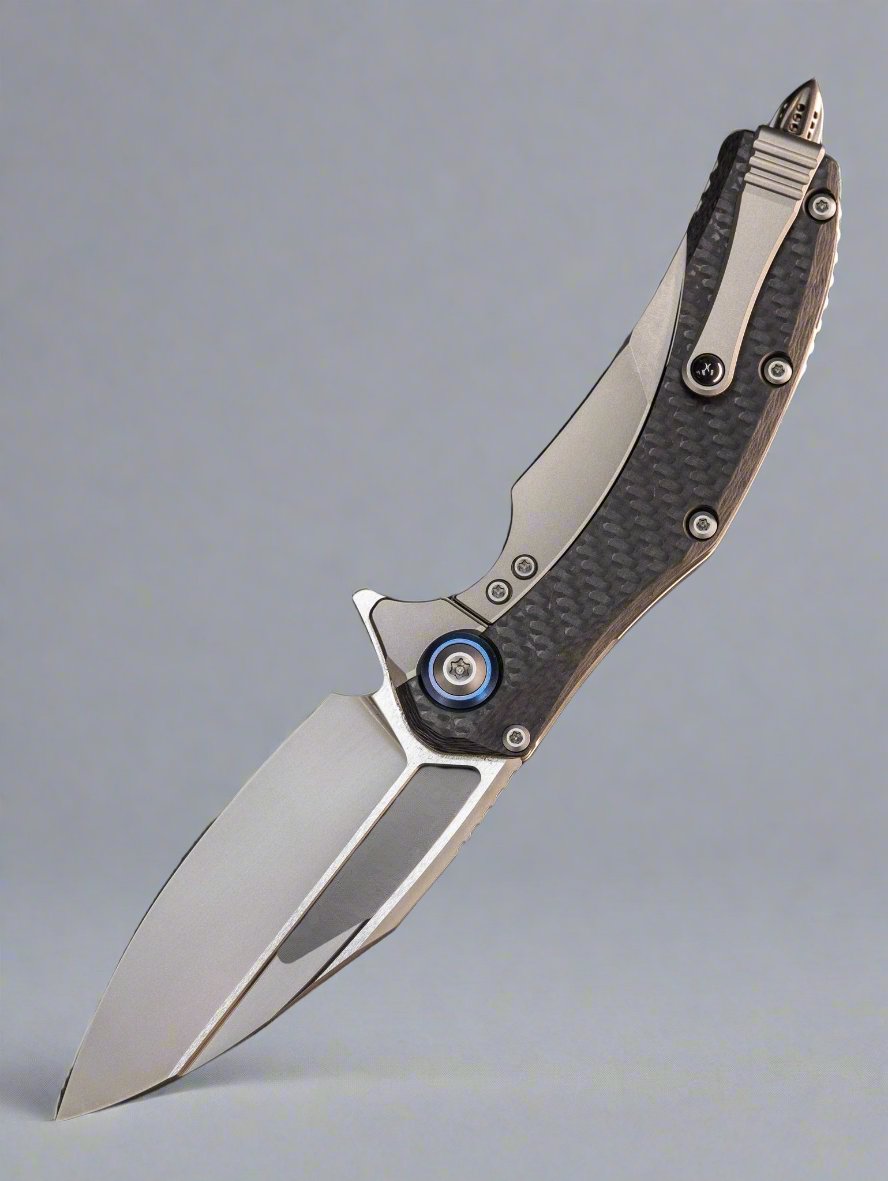 Microtech Matrix Titanium w/ Carbon Fiber Scales & Blue Ti Pivot Collars w/ Bead Blast M390 165C-7CFTI *