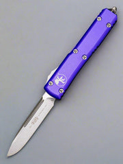 MICROTECH ULTRATECH OTF KNIFE- SINGLE EDGE- PURPLE HANDLE- STONEWASH PLAIN EDGE 121-10 PU