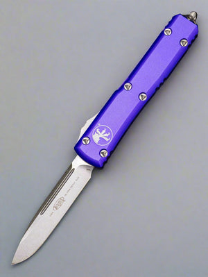 MICROTECH ULTRATECH OTF KNIFE- SINGLE EDGE- PURPLE HANDLE- STONEWASH PLAIN EDGE 121-10 PU