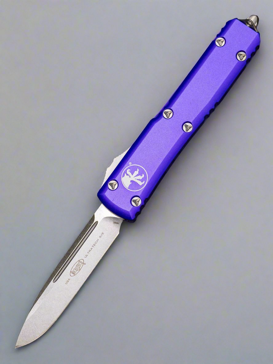 MICROTECH ULTRATECH OTF KNIFE- SINGLE EDGE- PURPLE HANDLE- STONEWASH PLAIN EDGE 121-10 PU