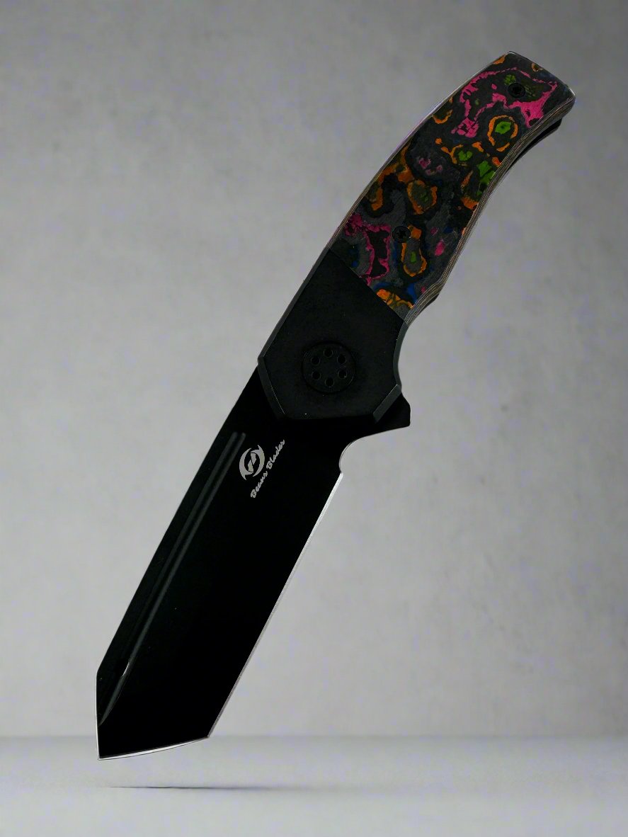 Beans Blades Mini Warrior Folder - 80s Camo Carbon & Titanium - PVD M390 - BR OP Exclusive