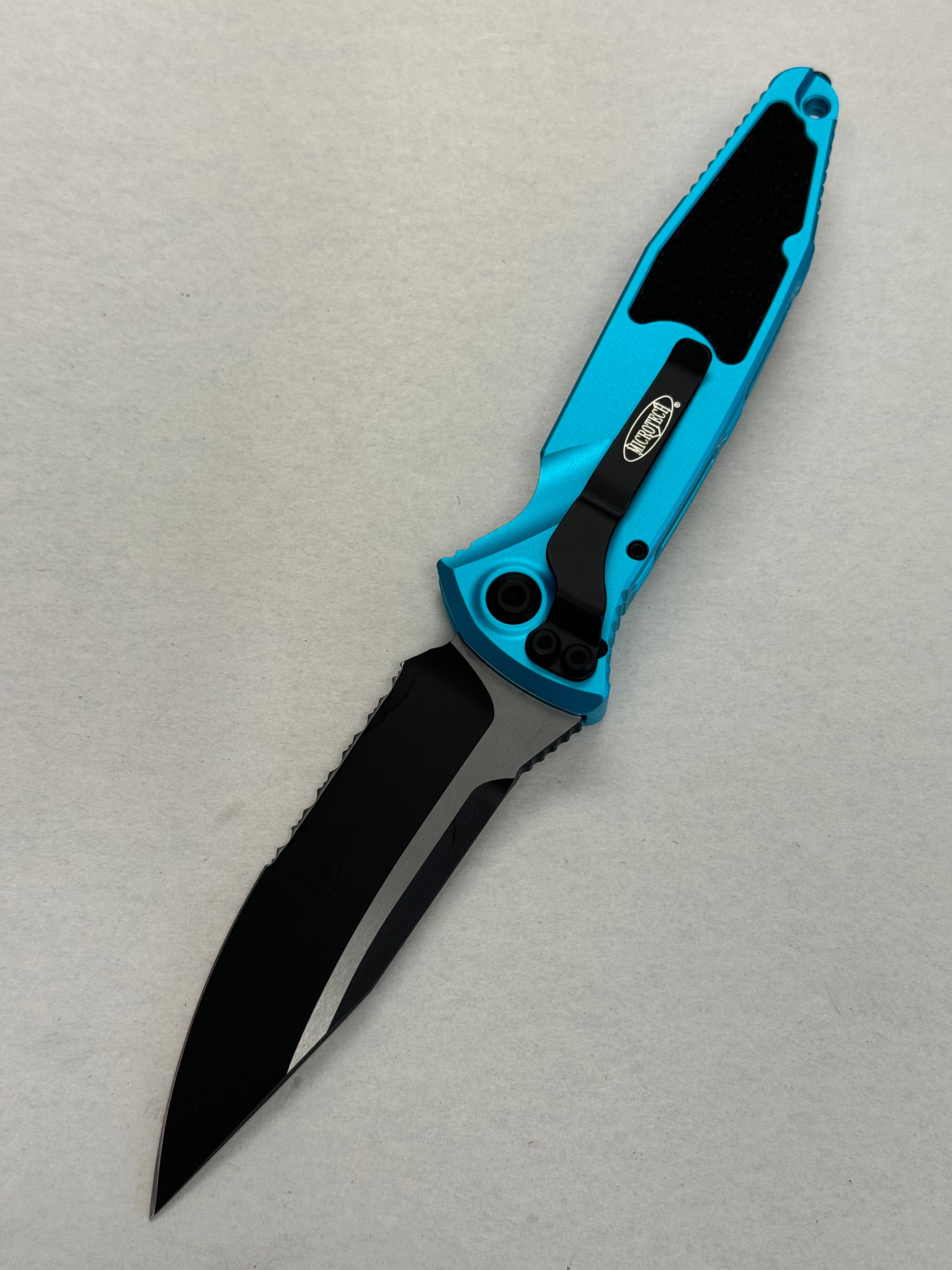 Microtech Socom Elite Auto Turquoise Handles w/ S/E Black Partial Serrated 160A-2 TQ