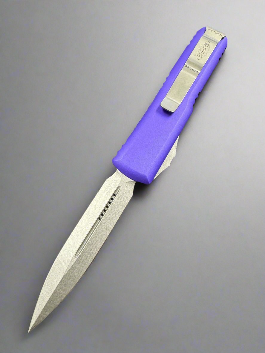 MICROTECH UTX-85 OTF KNIFE- DOUBLE EDGE- PURPLE HANDLE- STONEWASH BLADE 232-10 PU