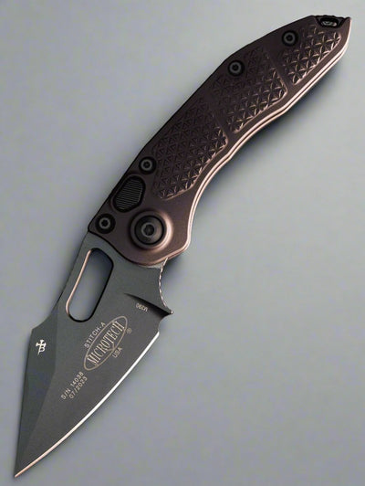 Microtech/Borka Blades 169-1T Tactical AUTO Stitch Folding Knife 3.625" Black DLC Spear Point Blade, Black Aluminum Handles